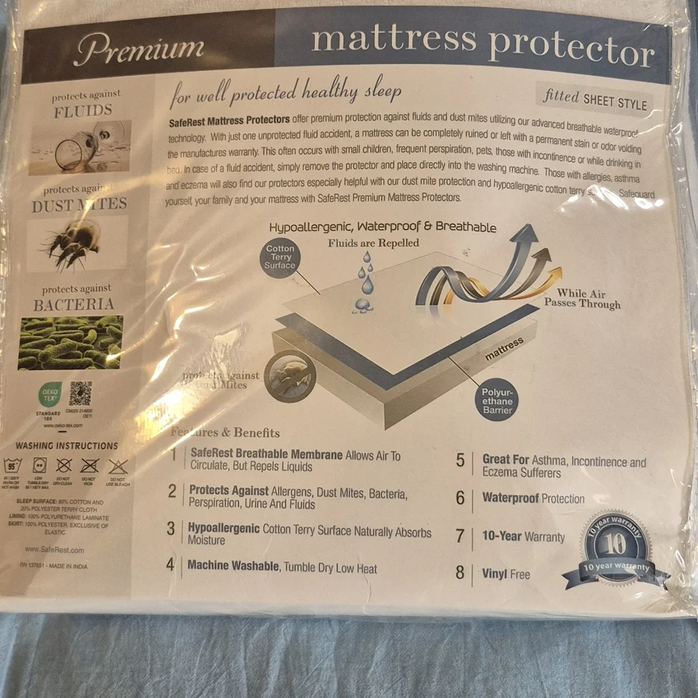 NWT SafeRest Cotton Mattress Protector, Queen Size